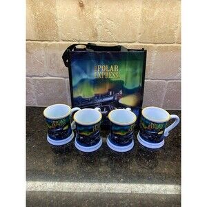 Polar Express Mugs (4) with Matching Bag NEW
